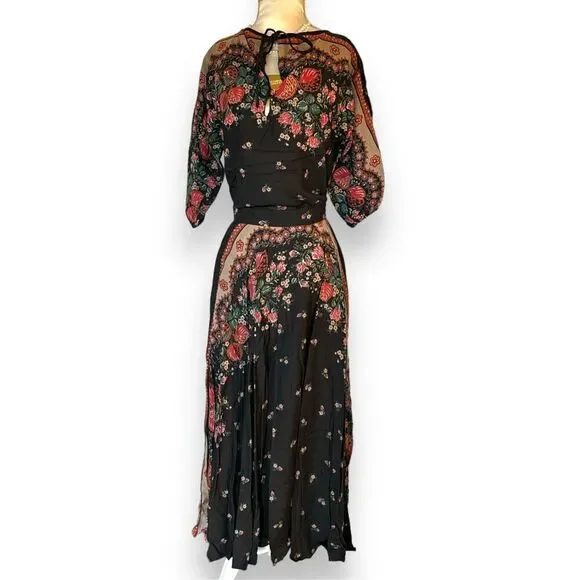 Rare 70s Vintage Chessa Davis USA Black Floral 2 Piece Long Maxi Skirt Dress 80s - Picture 2 of 7